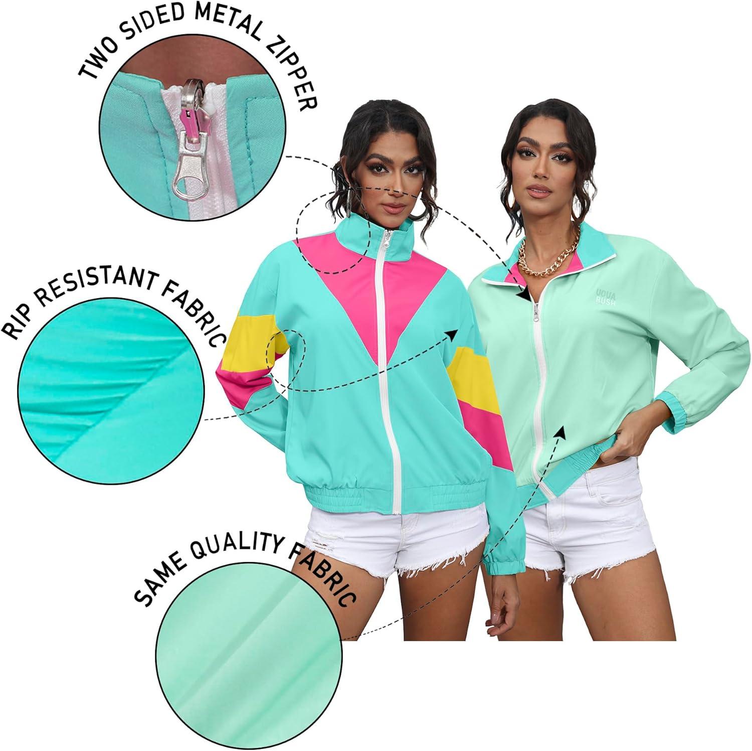 imageUOUA 80s Windbreaker Jacket for Women Retro Color Block Wind Breaker Long Sleeve Reversible Casual CoatGreenish Print