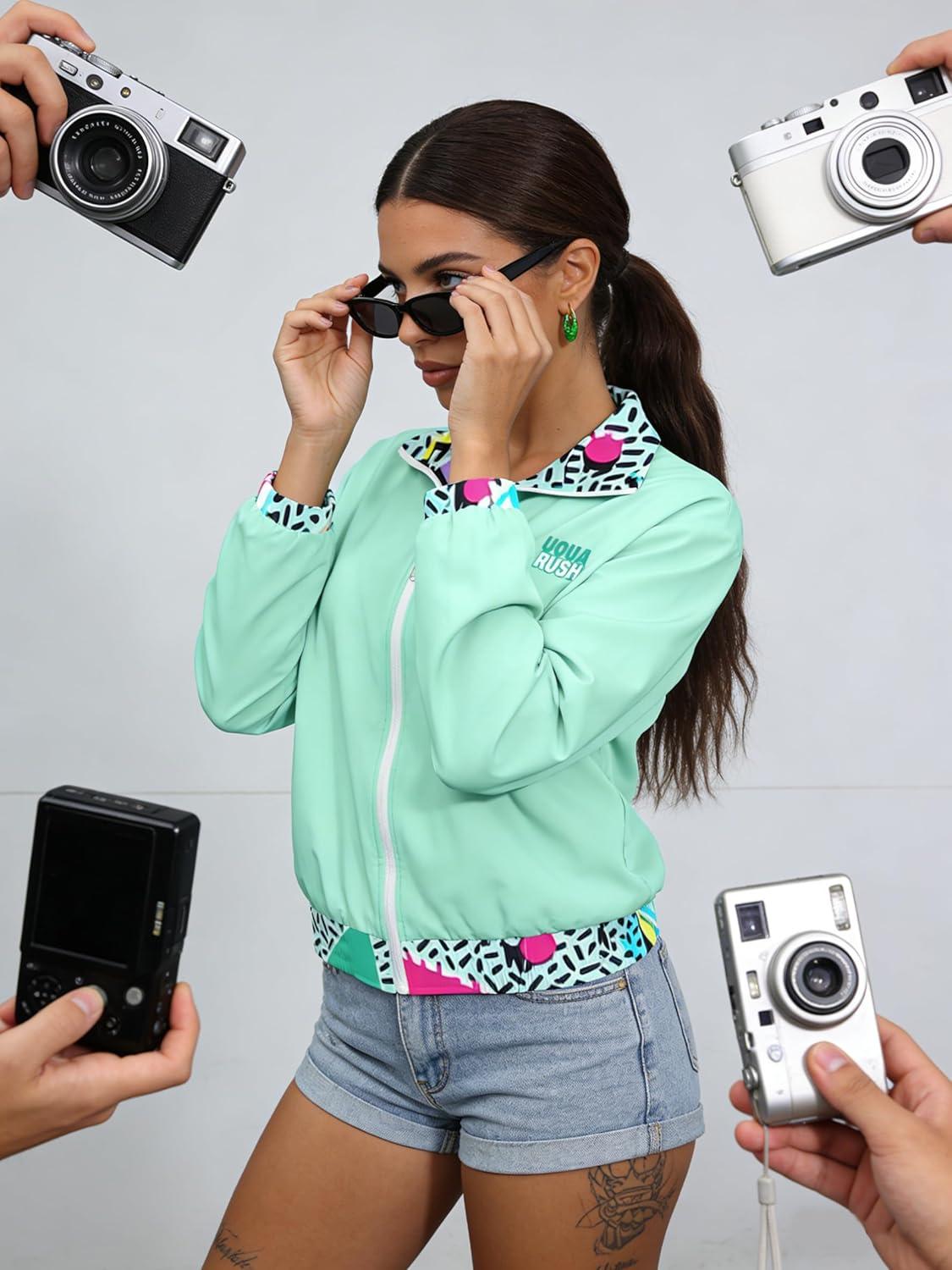 imageUOUA 80s Windbreaker Jacket for Women Retro Color Block Wind Breaker Long Sleeve Reversible Casual CoatGreenish Print