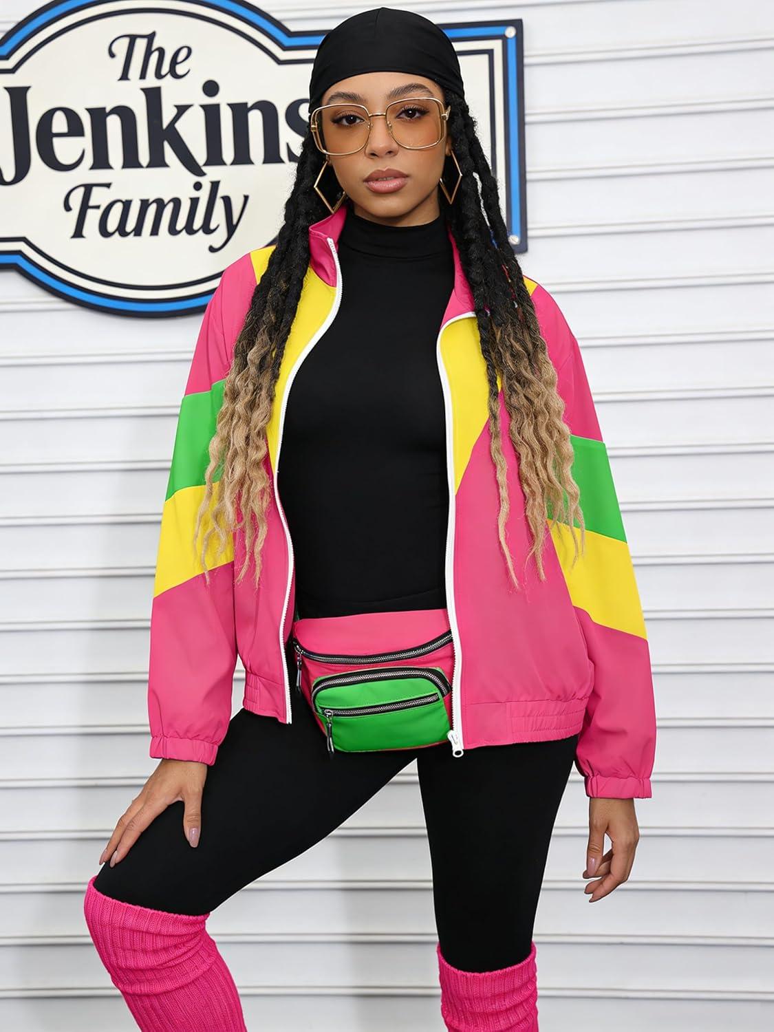 imageUOUA 80s Windbreaker Jacket for Women Retro Color Block Wind Breaker Long Sleeve Reversible Casual CoatPink