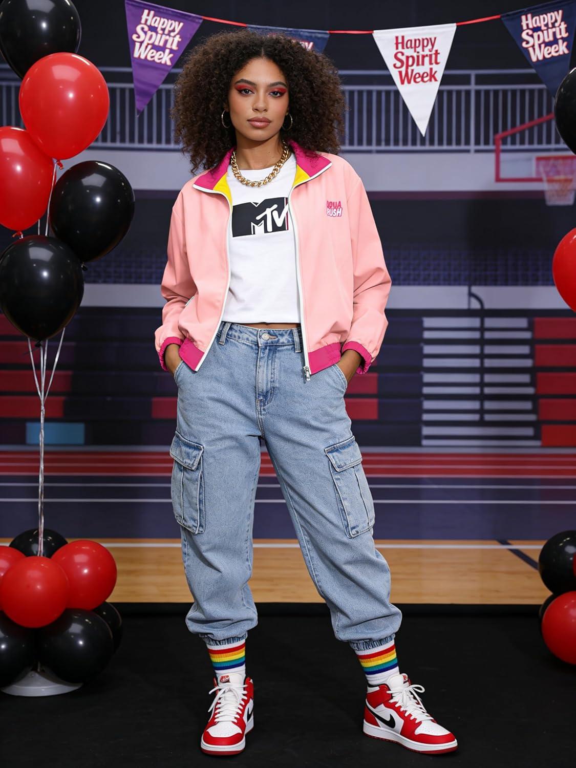 imageUOUA 80s Windbreaker Jacket for Women Retro Color Block Wind Breaker Long Sleeve Reversible Casual CoatPink