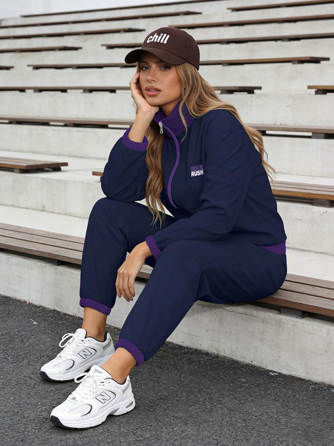 imageUOUA 80s Windbreaker Jacket for Women Retro Color Block Wind Breaker Long Sleeve Reversible Casual CoatPurple