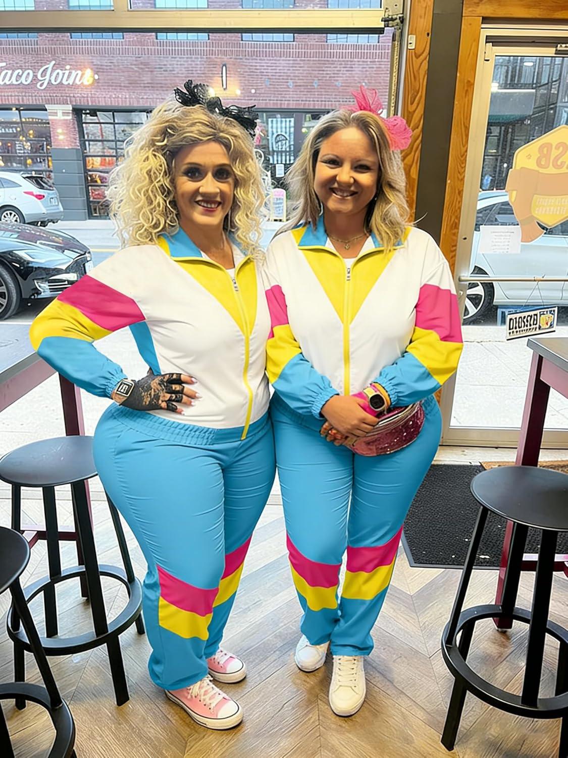 imageUOUA Plus Size 80s Outfit for Women 90s Costume Long Sleeves Windbreaker 2 Piece Party TracksuitBlue White