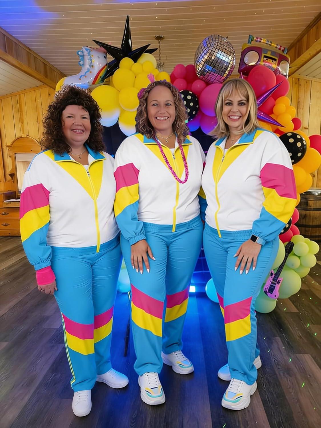 imageUOUA Plus Size 80s Outfit for Women 90s Costume Long Sleeves Windbreaker 2 Piece Party TracksuitBlue White