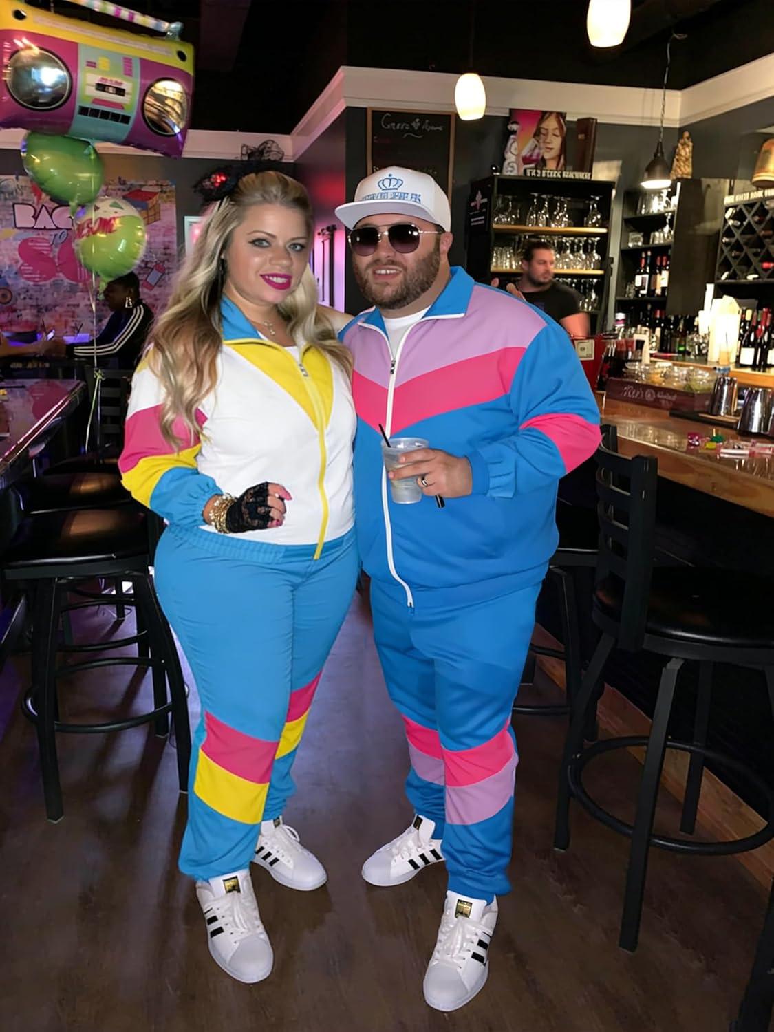 imageUOUA Plus Size 80s Outfit for Women 90s Costume Long Sleeves Windbreaker 2 Piece Party TracksuitBlue White