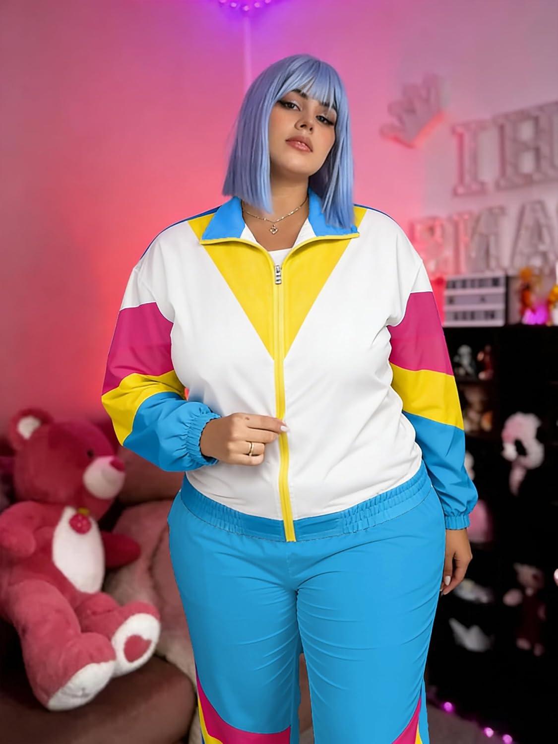 imageUOUA Plus Size 80s Outfit for Women 90s Costume Long Sleeves Windbreaker 2 Piece Party TracksuitBlue White
