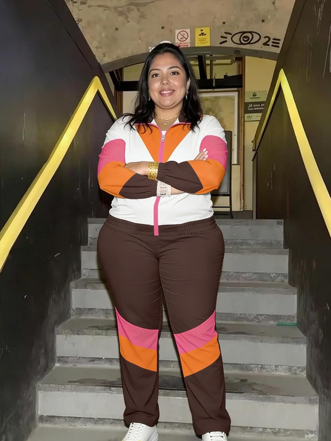 imageUOUA Plus Size 80s Outfit for Women 90s Costume Long Sleeves Windbreaker 2 Piece Party TracksuitBrown White