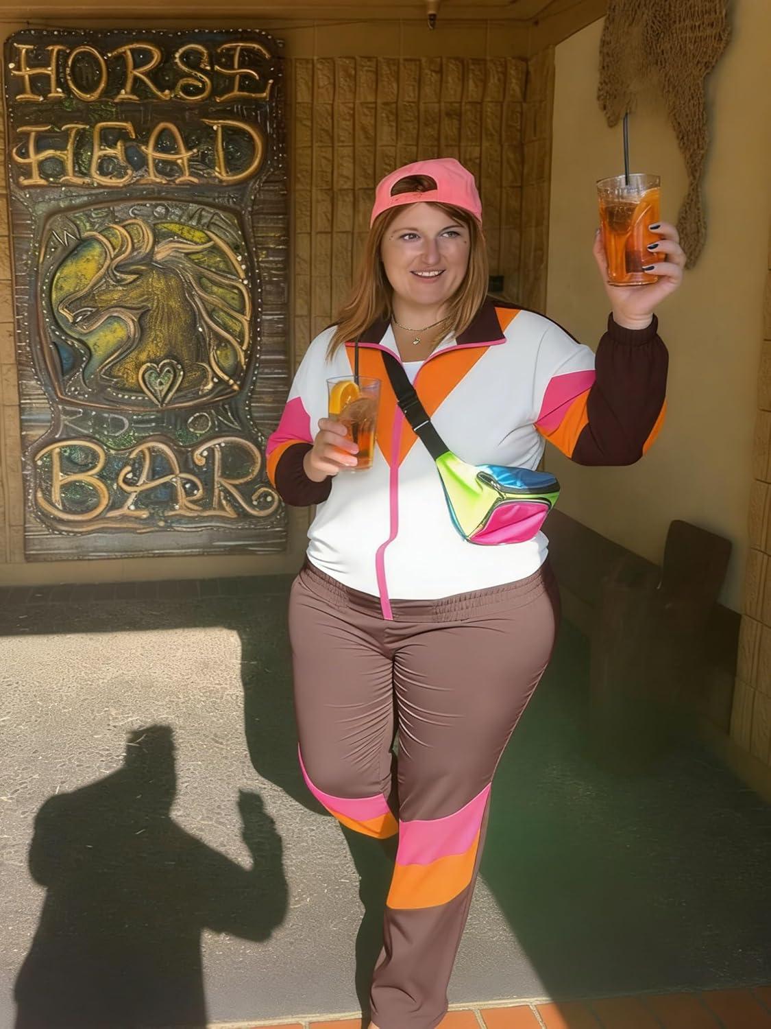 imageUOUA Plus Size 80s Outfit for Women 90s Costume Long Sleeves Windbreaker 2 Piece Party TracksuitBrown White