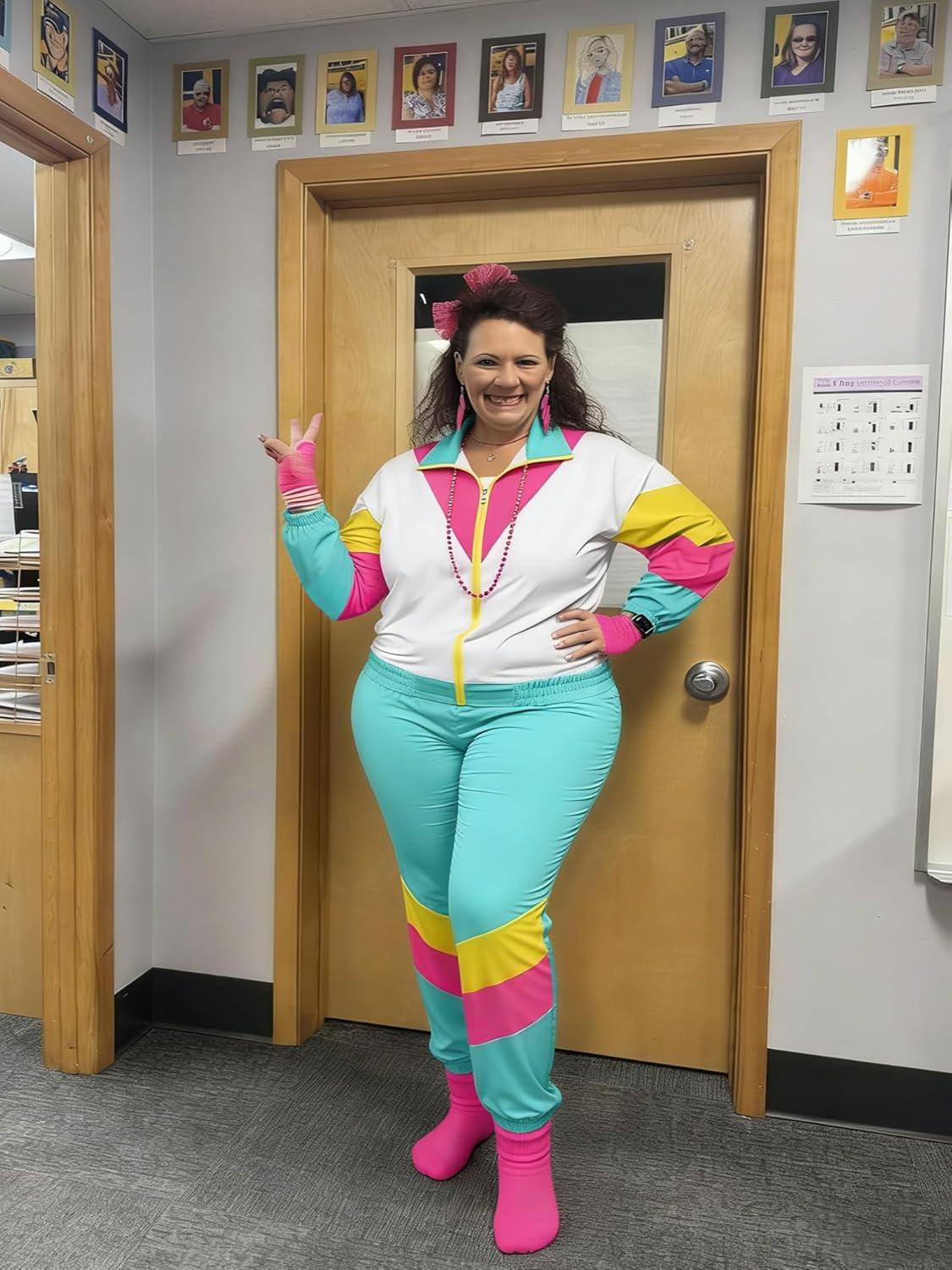 imageUOUA Plus Size 80s Outfit for Women 90s Costume Long Sleeves Windbreaker 2 Piece Party TracksuitMint White