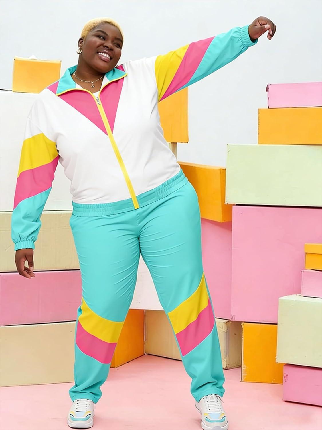 imageUOUA Plus Size 80s Outfit for Women 90s Costume Long Sleeves Windbreaker 2 Piece Party TracksuitMint White