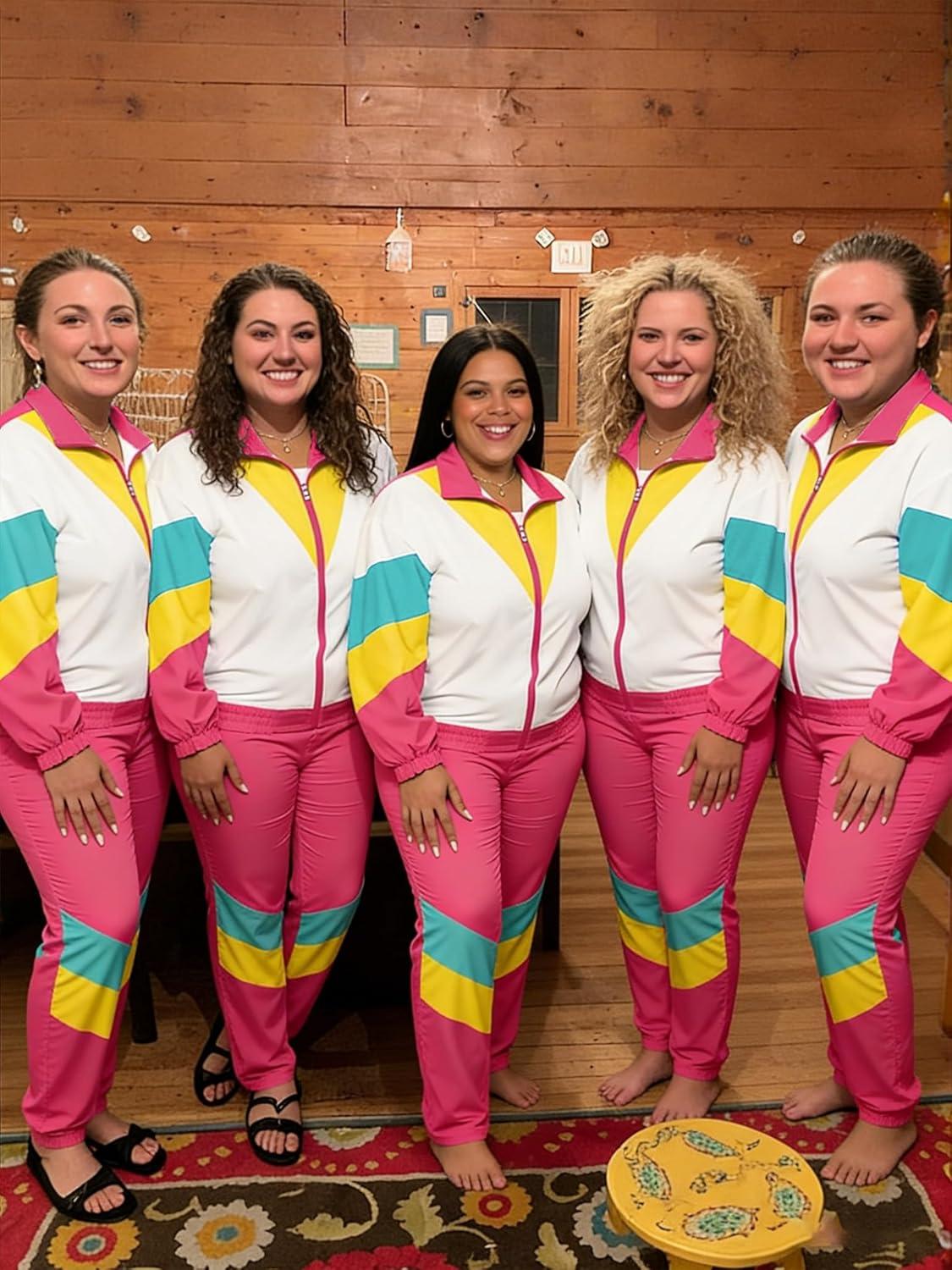 imageUOUA Plus Size 80s Outfit for Women 90s Costume Long Sleeves Windbreaker 2 Piece Party TracksuitPink White