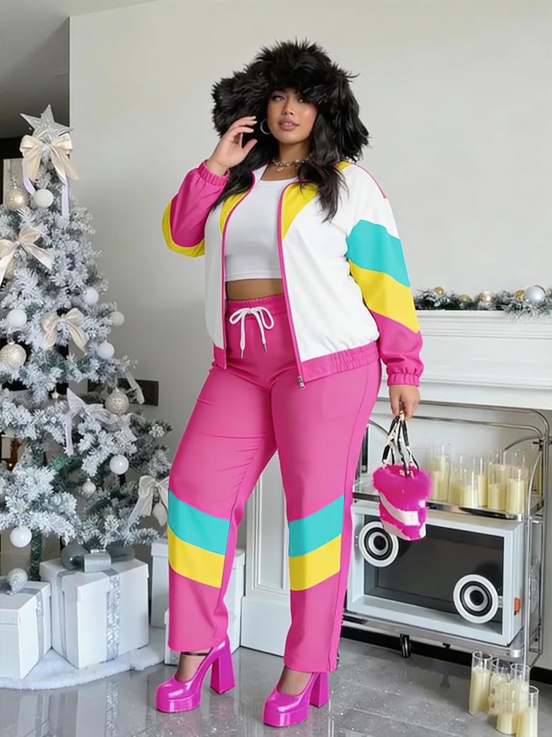 imageUOUA Plus Size 80s Outfit for Women 90s Costume Long Sleeves Windbreaker 2 Piece Party TracksuitPink White