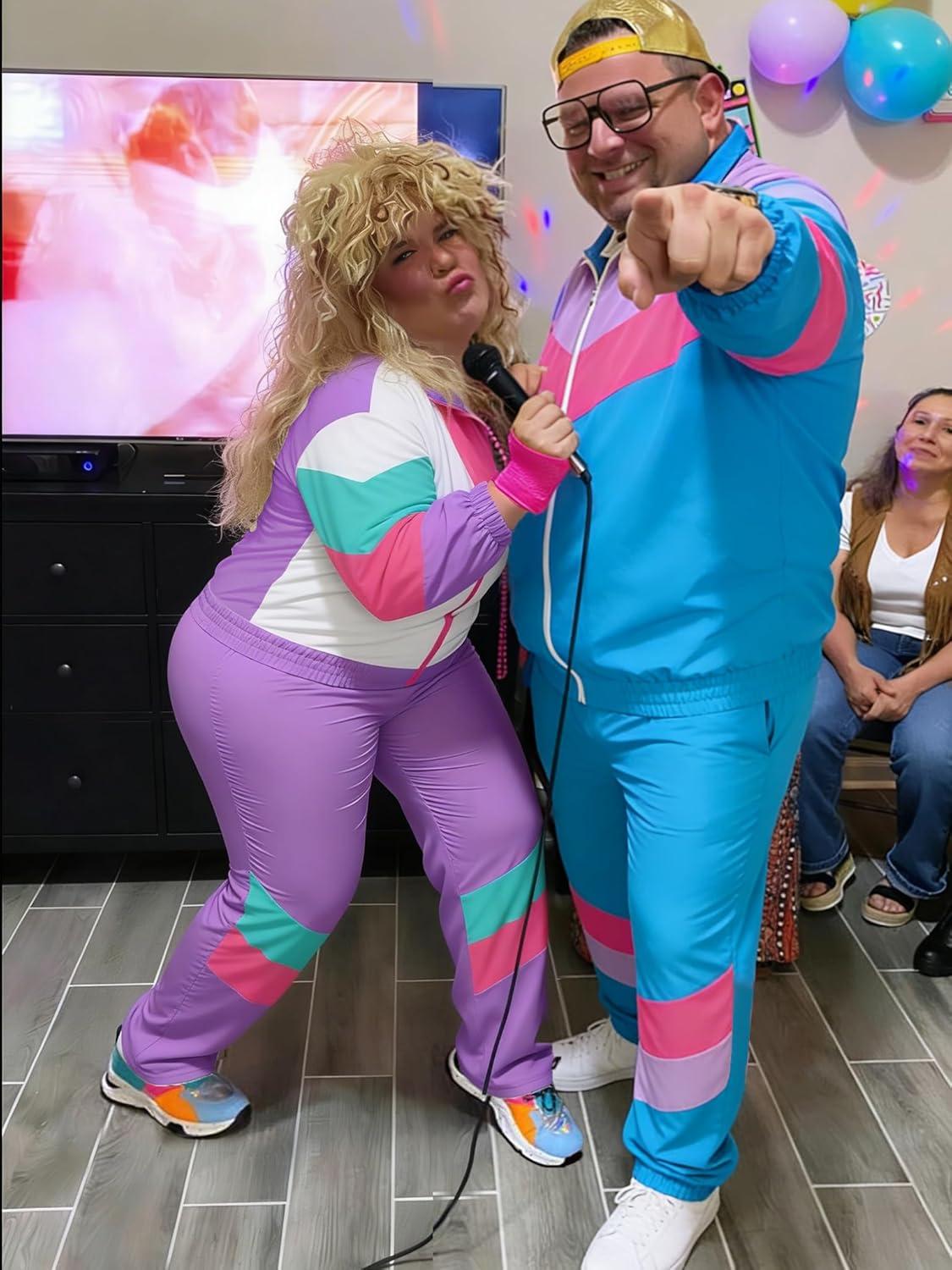 imageUOUA Plus Size 80s Outfit for Women 90s Costume Long Sleeves Windbreaker 2 Piece Party TracksuitPurple White