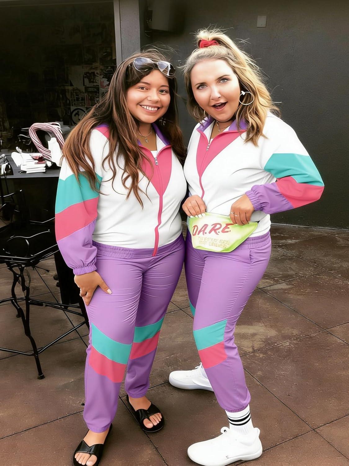 imageUOUA Plus Size 80s Outfit for Women 90s Costume Long Sleeves Windbreaker 2 Piece Party TracksuitPurple White