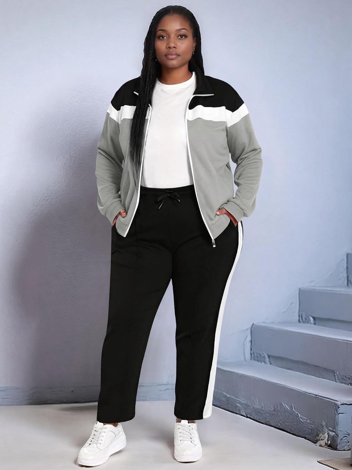 imageUOUA Plus Size Womens 2 Piece Sweatsuits Outfits Zip Up Jackets ampamp Sweatpants Casual Loungewear Tracksuit SetsBlackgrey
