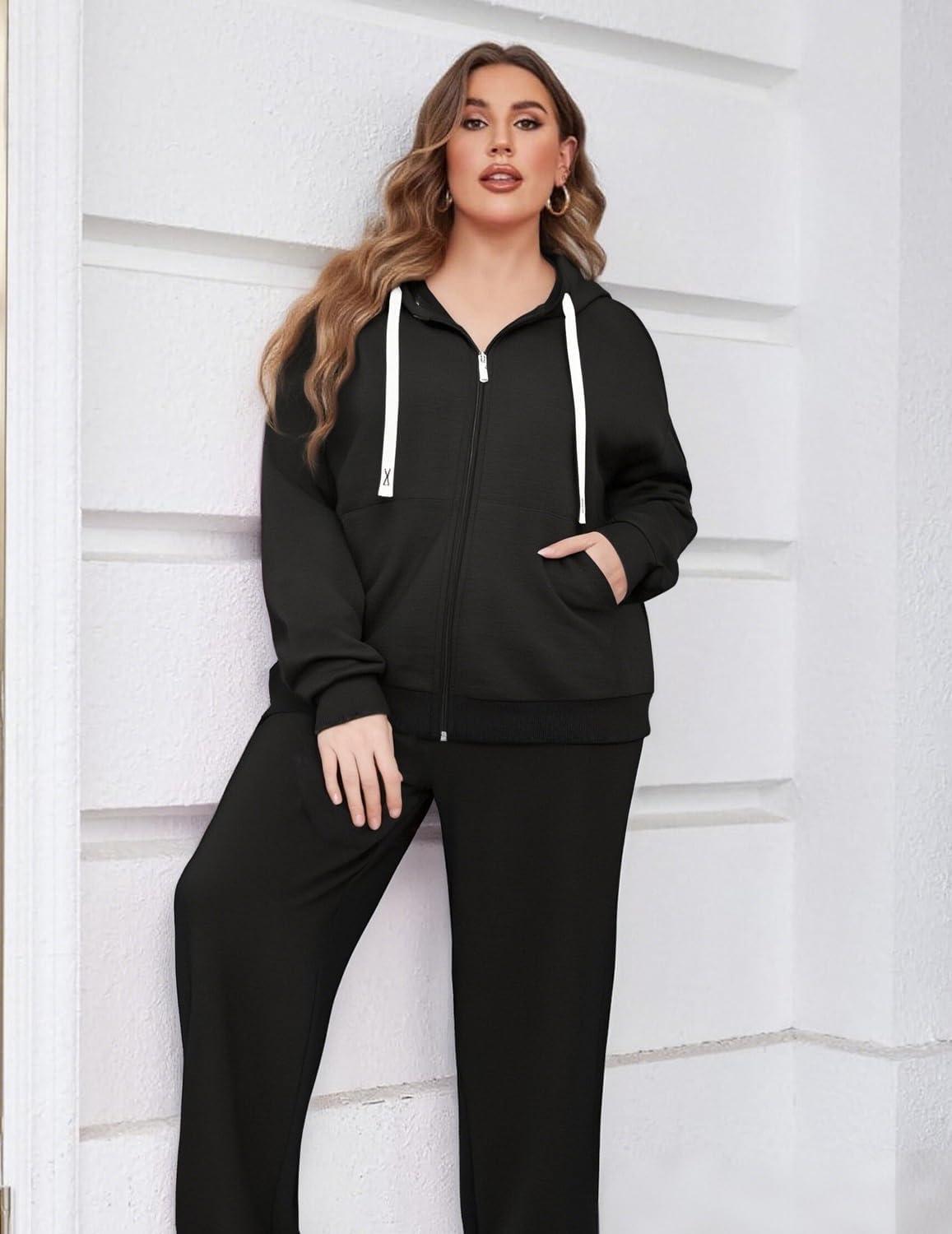 imageUOUA Plus Size Womens 2 Piece Sweatsuits Outfits Zip Up Jackets ampamp Wide Leg Sweatpants Casual Loungewear Tracksuit SetsBlack