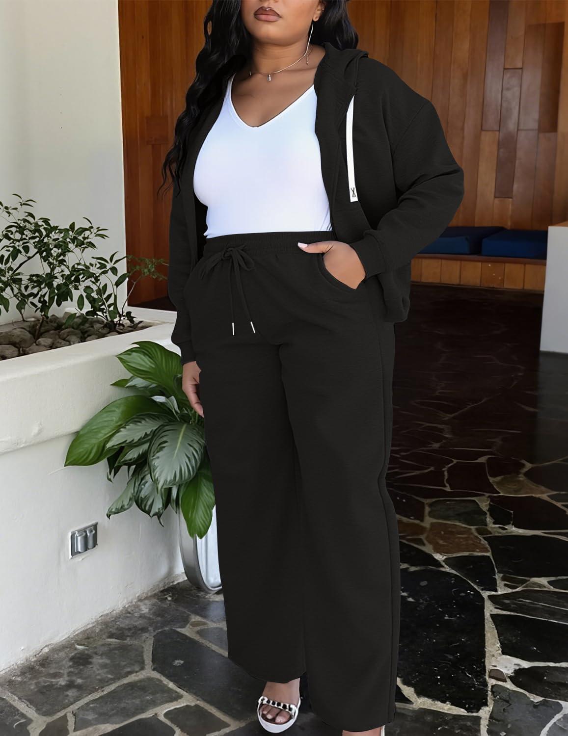 imageUOUA Plus Size Womens 2 Piece Sweatsuits Outfits Zip Up Jackets ampamp Wide Leg Sweatpants Casual Loungewear Tracksuit SetsBlack