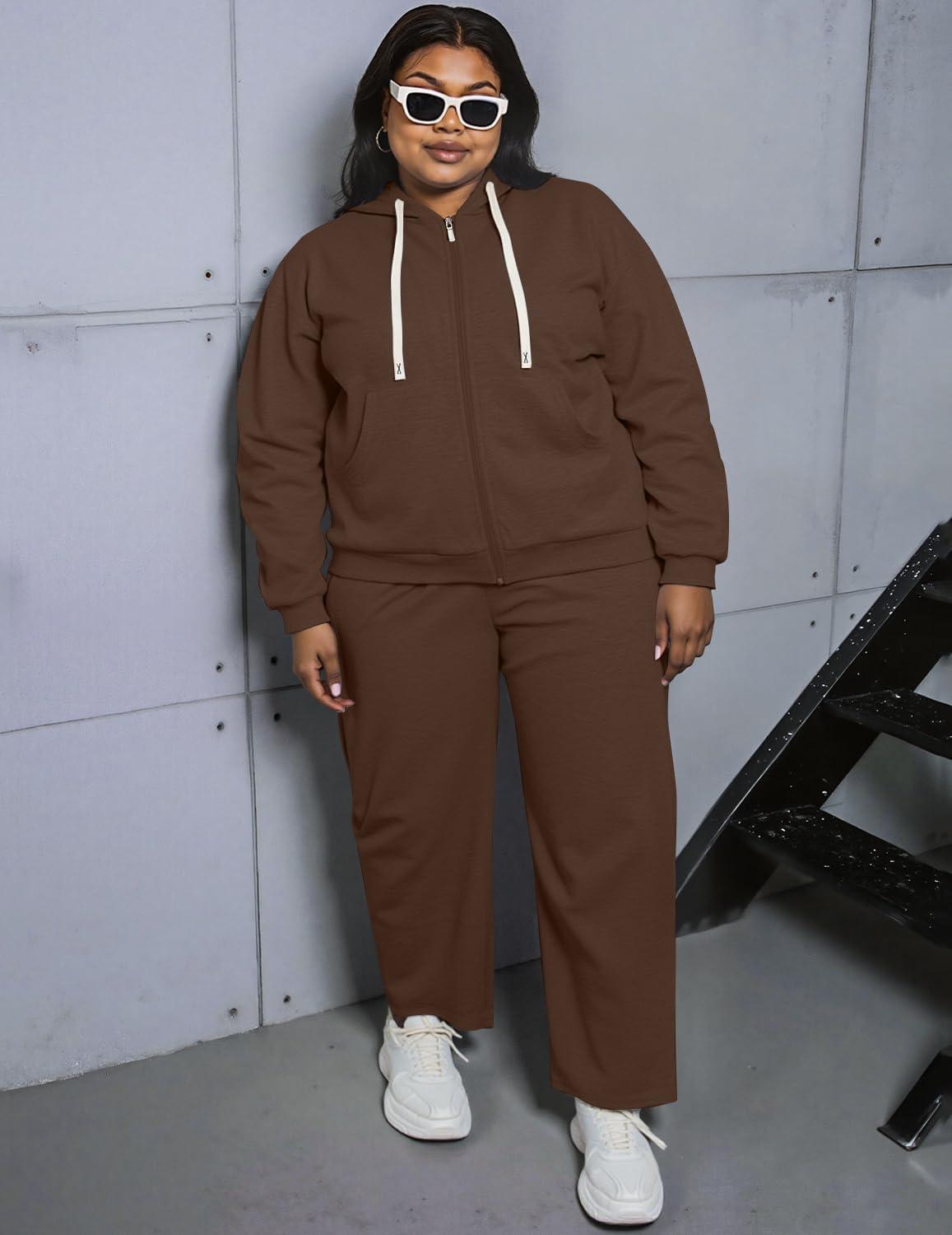 imageUOUA Plus Size Womens 2 Piece Sweatsuits Outfits Zip Up Jackets ampamp Wide Leg Sweatpants Casual Loungewear Tracksuit SetsBrown
