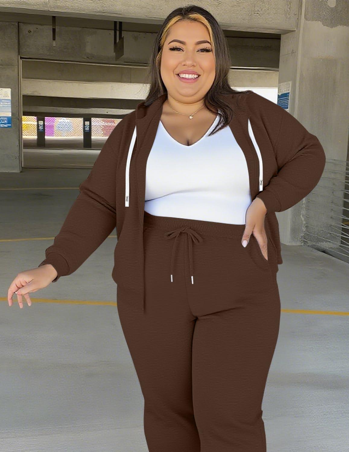 imageUOUA Plus Size Womens 2 Piece Sweatsuits Outfits Zip Up Jackets ampamp Wide Leg Sweatpants Casual Loungewear Tracksuit SetsBrown