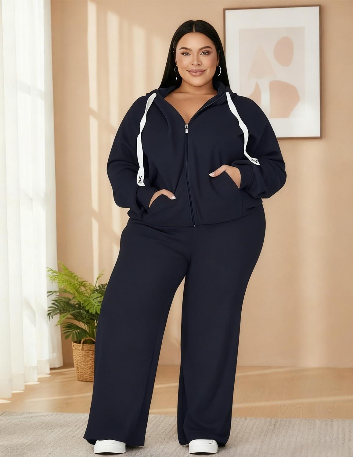 imageUOUA Plus Size Womens 2 Piece Sweatsuits Outfits Zip Up Jackets ampamp Wide Leg Sweatpants Casual Loungewear Tracksuit SetsNavy Blue