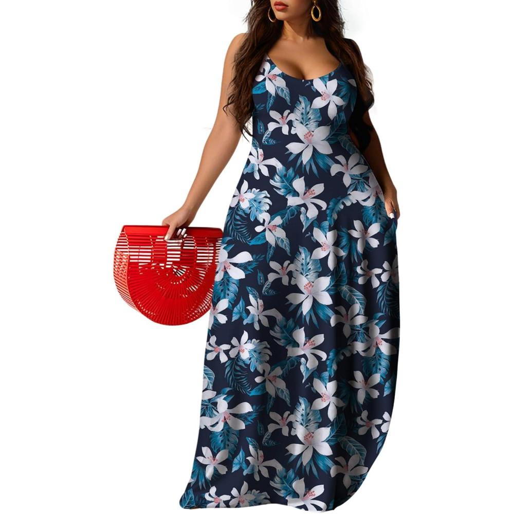 imageUOUA Hawaiian Dresses Women Plus Size Luau Party Sundress Summer Maxi Tropical Boho Beach DressElegantblueflower
