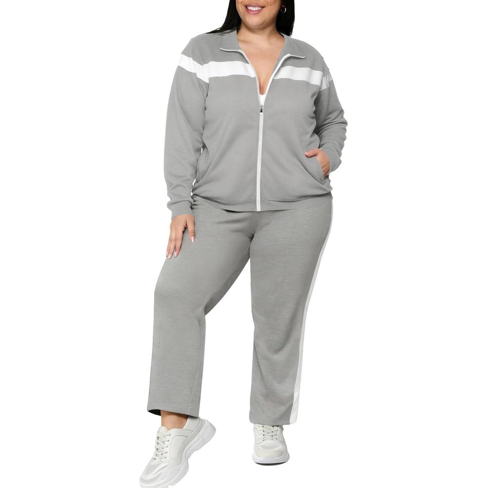 imageUOUA Plus Size Womens 2 Piece Sweatsuits Outfits Zip Up Jackets ampamp Sweatpants Casual Loungewear Tracksuit SetsGrey