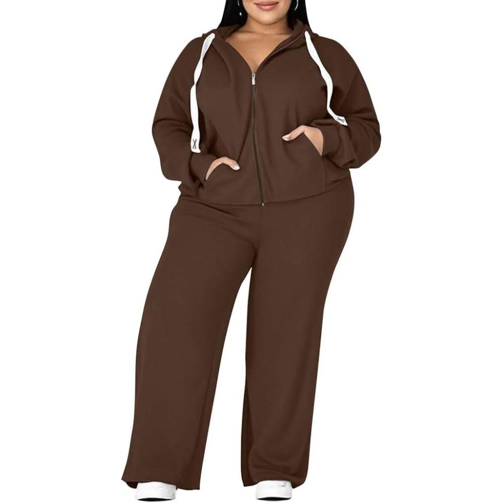 imageUOUA Plus Size Womens 2 Piece Sweatsuits Outfits Zip Up Jackets ampamp Wide Leg Sweatpants Casual Loungewear Tracksuit SetsBrown