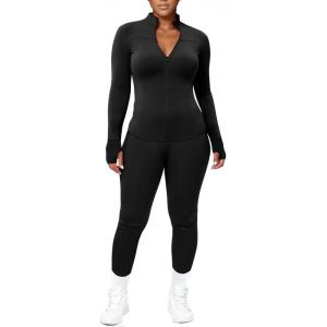 imageUOUA Womens Workout Set Two Piece Outfits Bodycon Long Sleeve Zipper Jacket ampamp Leggings for Gym TracksuitBlack