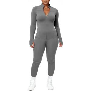 imageUOUA Womens Workout Set Two Piece Outfits Bodycon Long Sleeve Zipper Jacket ampamp Leggings for Gym TracksuitGrey