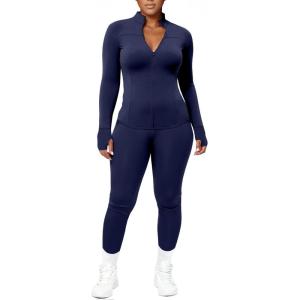 imageUOUA Womens Workout Set Two Piece Outfits Bodycon Long Sleeve Zipper Jacket ampamp Leggings for Gym TracksuitNavy