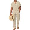 imageUOUA Mens 2 Piece Casual Outfit Beach Button Down Shirt Summer Loose Pant SetsBeige