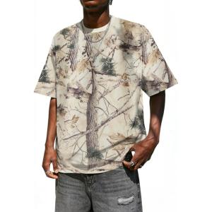 imageMens Camo Shirt Graphic Tees Vintage TShirts Oversized Maple Leaf Print Casual Crewneck Top StreetwearApricot Leaves