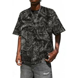 imageMens Camo Shirt Graphic Tees Vintage TShirts Oversized Maple Leaf Print Casual Crewneck Top StreetwearBlack Leaves