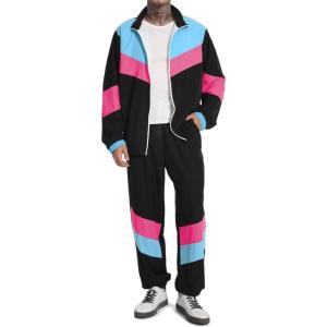 imageUOUA 80s Outfit Men 90s Tracksuit Costumes Halloween 70s Windbreaker Jacket Track Suit 2 Piece Hip Hop SetBlack