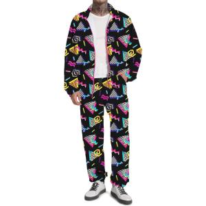 imageUOUA 80s Outfit Men 90s Tracksuit Costumes Halloween 70s Windbreaker Jacket Track Suit 2 Piece Hip Hop SetBlackprint