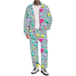 imageUOUA 80s Outfit Men 90s Tracksuit Costumes Halloween 70s Windbreaker Jacket Track Suit 2 Piece Hip Hop SetGreenish Print