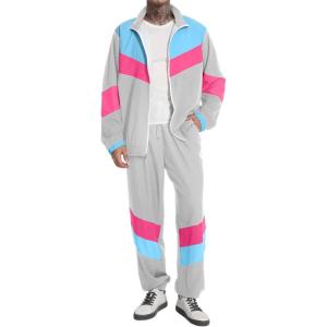 imageUOUA 80s Outfit Men 90s Tracksuit Costumes Halloween 70s Windbreaker Jacket Track Suit 2 Piece Hip Hop SetLight Grey