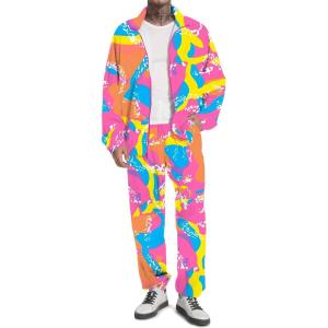 imageUOUA 80s Outfit Men 90s Tracksuit Costumes Halloween 70s Windbreaker Jacket Track Suit 2 Piece Hip Hop SetPink Print