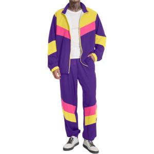 imageUOUA 80s Outfit Men 90s Tracksuit Costumes Halloween 70s Windbreaker Jacket Track Suit 2 Piece Hip Hop SetPurple Gold