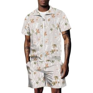 imageUOUA 80s Outfit for Men 90s Color Block Costumes 2 Piece Retro Short Sleeve Jacket ampamp Shorts Set for PartyBeige Branches