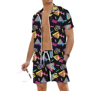 imageUOUA 80s Outfit for Men 90s Color Block Costumes 2 Piece Retro Short Sleeve Jacket ampamp Shorts Set for PartyBlackprint