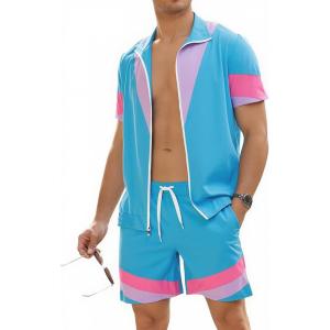 imageUOUA 80s Outfit for Men 90s Color Block Costumes 2 Piece Retro Short Sleeve Jacket ampamp Shorts Set for PartyBlue