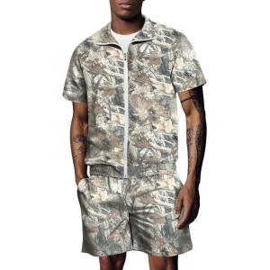 imageUOUA 80s Outfit for Men 90s Color Block Costumes 2 Piece Retro Short Sleeve Jacket ampamp Shorts Set for PartyBrown Leaves