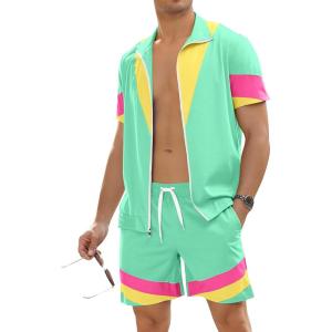 imageUOUA 80s Outfit for Men 90s Color Block Costumes 2 Piece Retro Short Sleeve Jacket ampamp Shorts Set for PartyMintgreen