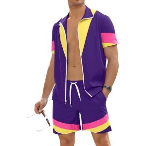 imageUOUA 80s Outfit for Men 90s Color Block Costumes 2 Piece Retro Short Sleeve Jacket ampamp Shorts Set for PartyViolet