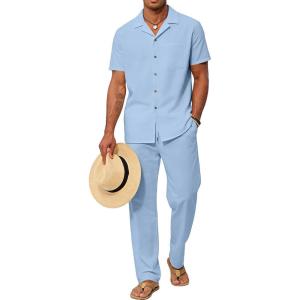 imageUOUA Mens 2 Piece Casual Outfit Beach Button Down Shirt Summer Loose Pant SetsLight Blue