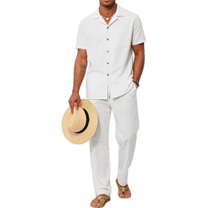 imageUOUA Mens 2 Piece Casual Outfit Beach Button Down Shirt Summer Loose Pant SetsWhite