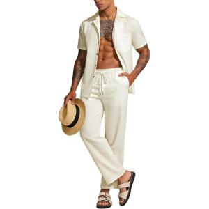 imageUOUA Mens 2 Piece Set Summer Casual Outfit Beach Button Down Short Sleeve Shirt Long Pant Vacation TracksuitBeige