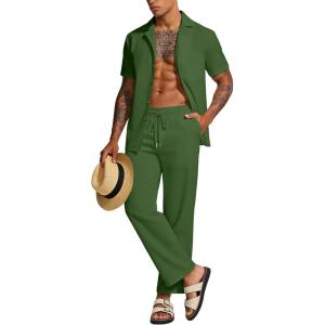 imageUOUA Mens 2 Piece Set Summer Casual Outfit Beach Button Down Short Sleeve Shirt Long Pant Vacation TracksuitGreen