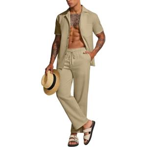 imageUOUA Mens 2 Piece Set Summer Casual Outfit Beach Button Down Short Sleeve Shirt Long Pant Vacation TracksuitKhaki