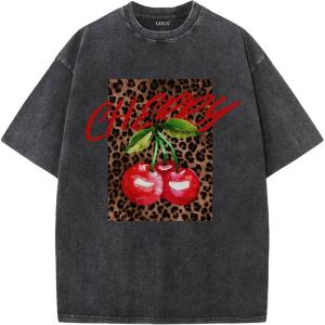 imageUOUA Mens Graphic Tees Vintage Oversized TShirts Casual Acid Wash Cotton Streetwear S2XLLeopardcherryblack